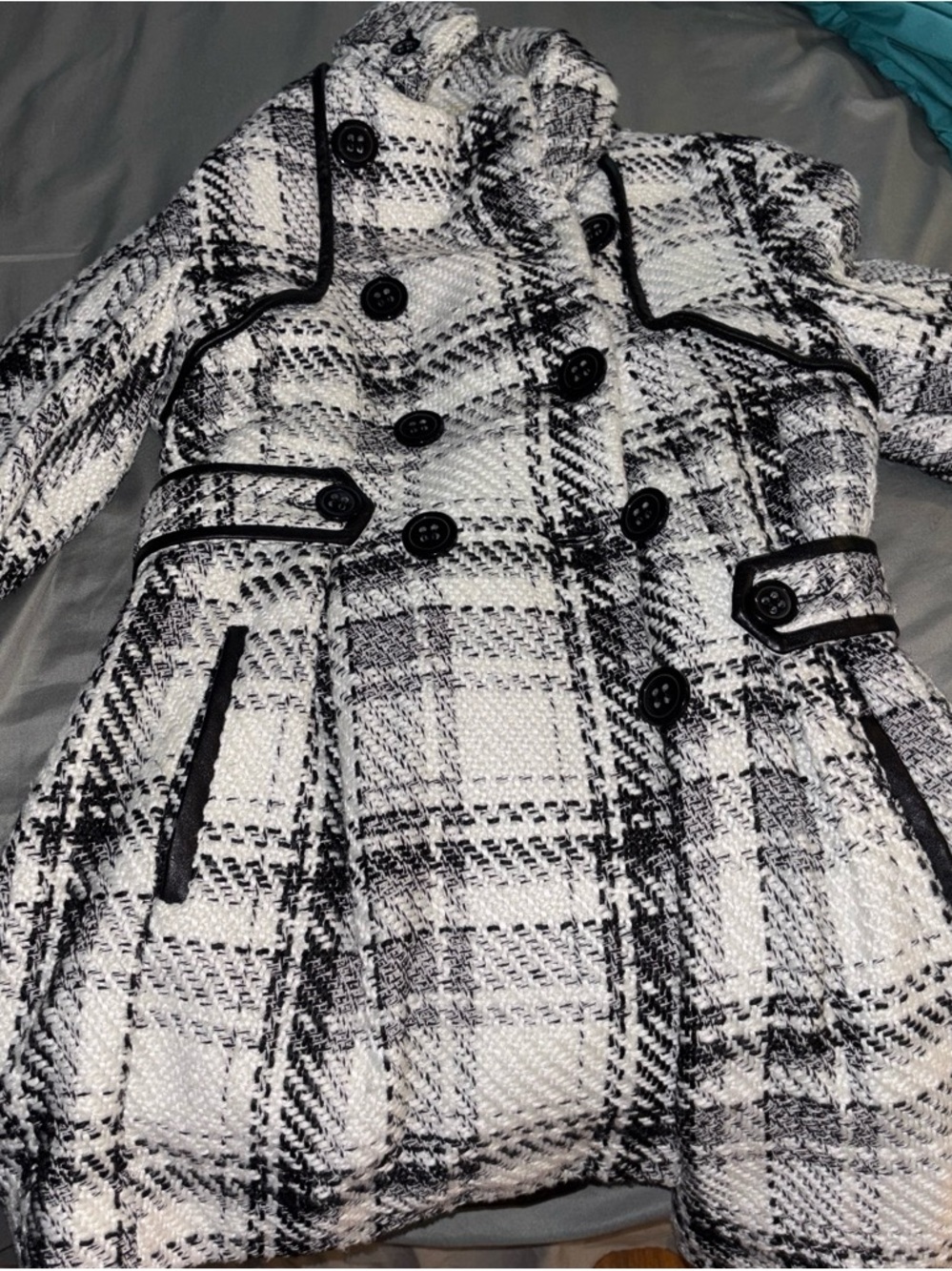 Womens Black & White Plaid Double-Breasted Coat